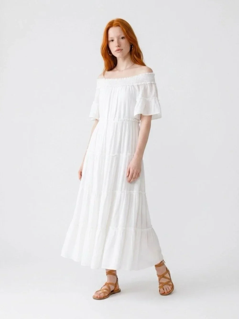 ENTRO White Tiered Off the Shoulder Midi Dress Sz L
